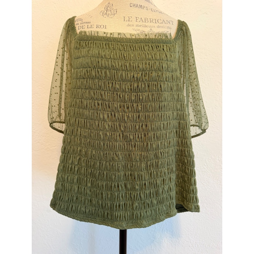 Torrid Olive Green Smocked Swiss Dot Mesh Sleeve Top Plus Size 4 4X 40421060